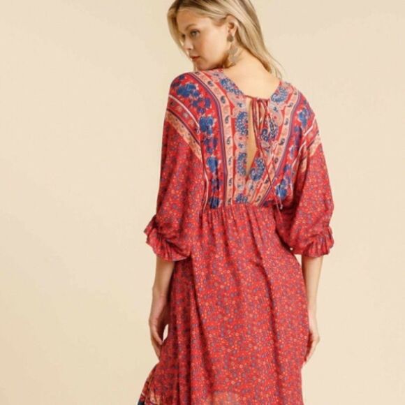 Umgee Boho Summer Red Floral Midi Dress NWT - Picture 4 of 8